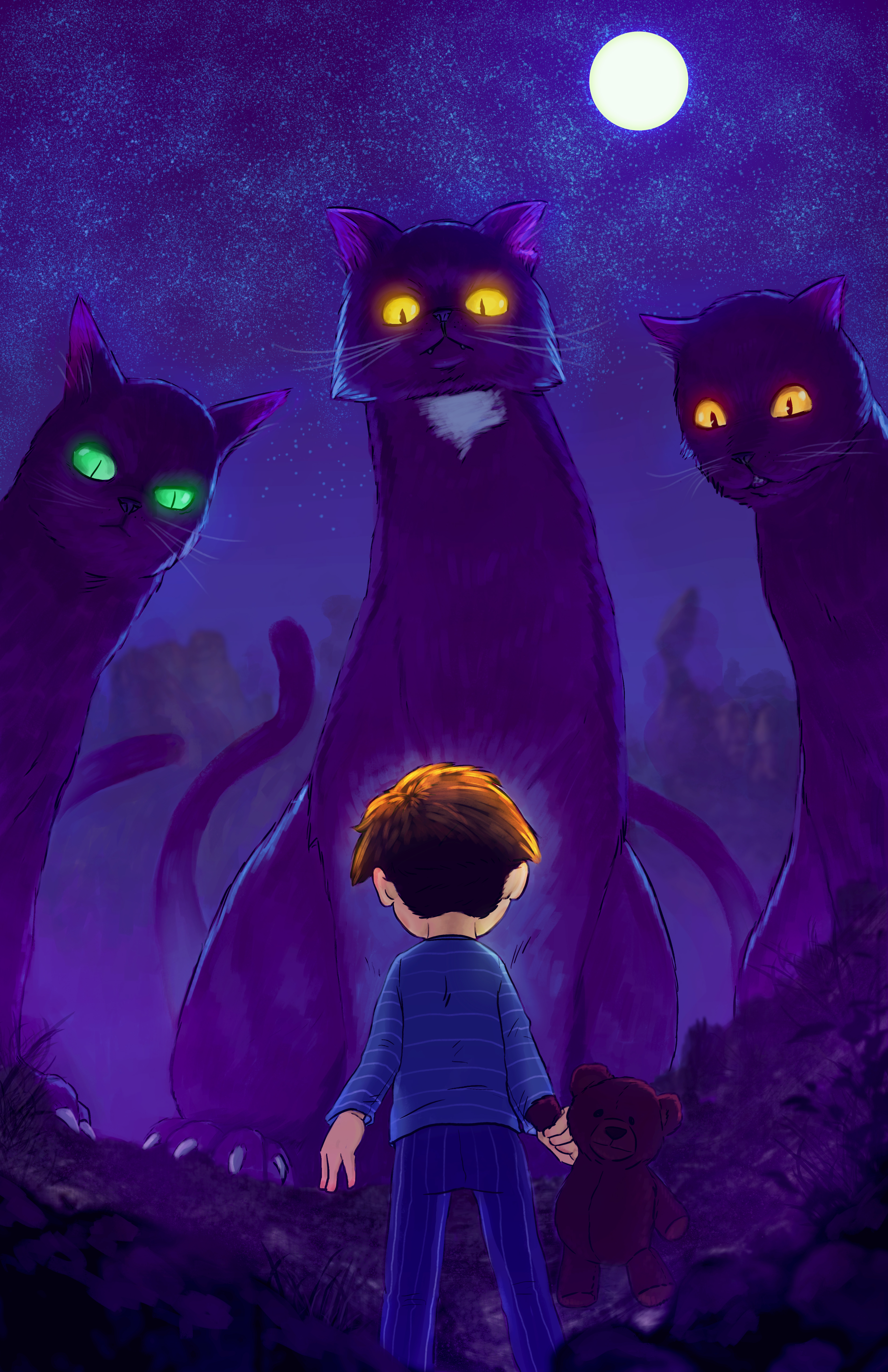 Three cartoon black cat Nightmares tower over a child with their teddy bear