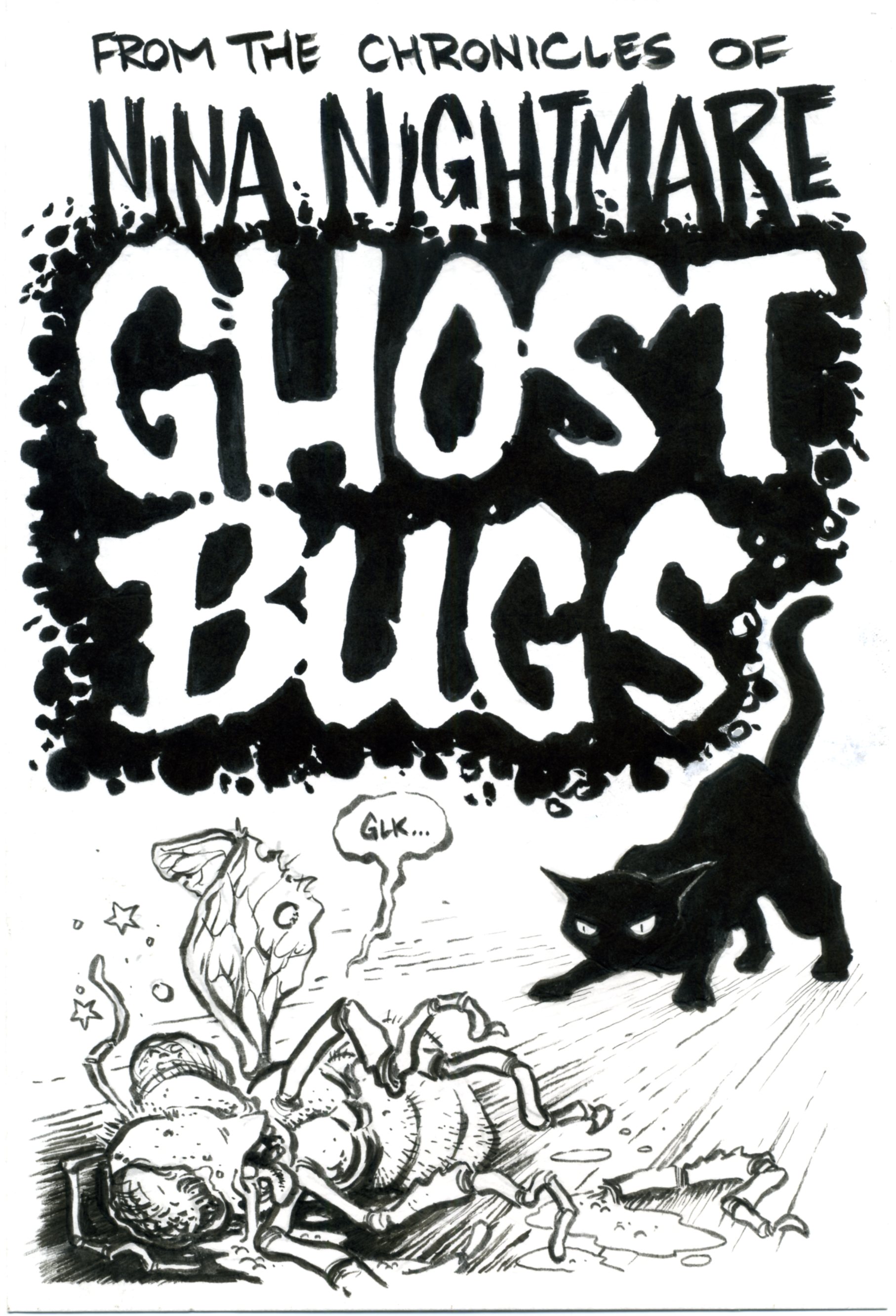 Comic book cover of tiny black cat squaring up to fight
                  a bug titled From the Chronicles of Nina Nightmare: Ghost Bugs